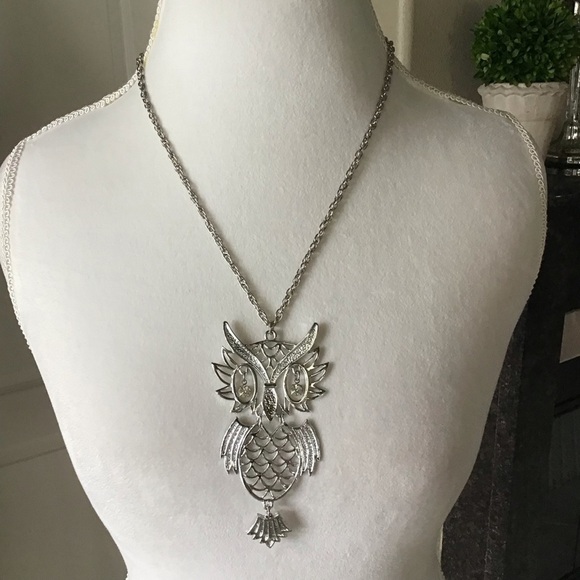 Vintage Owl Pendant Statement Necklace Silver Tone Rhinestone Eyes Articulated - Picture 5 of 8